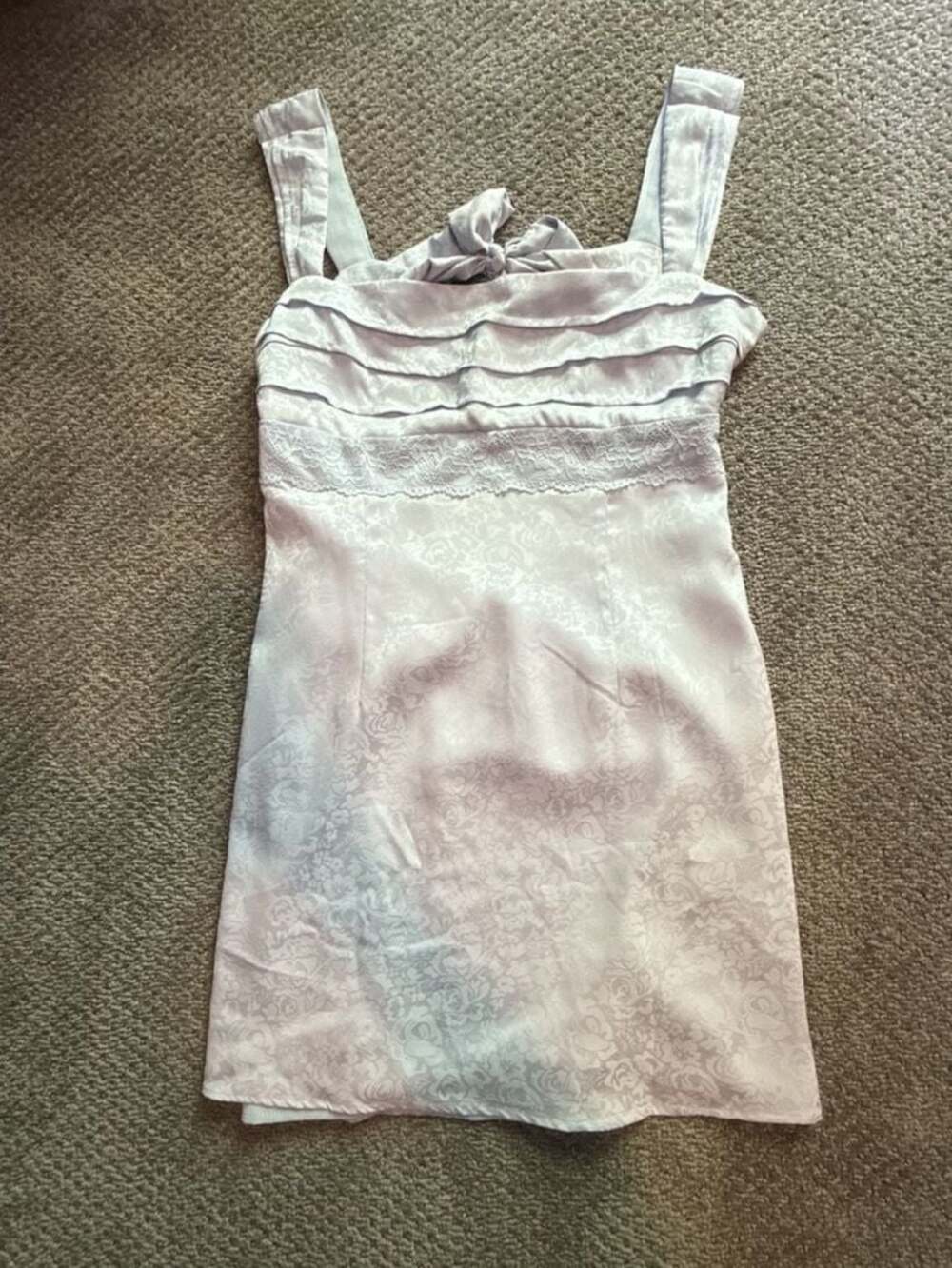 Beginning Boutique light blue satin floral mini dress with lace trim and tie bac